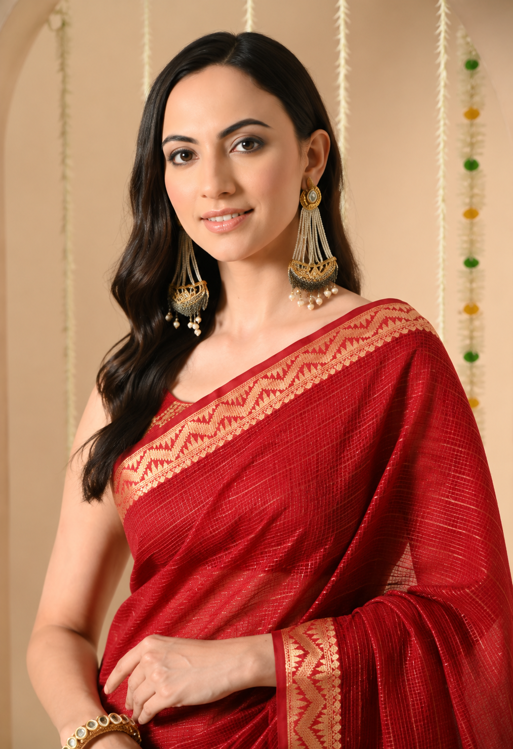 Women Red Cotton Saree with Woven Geometric Border