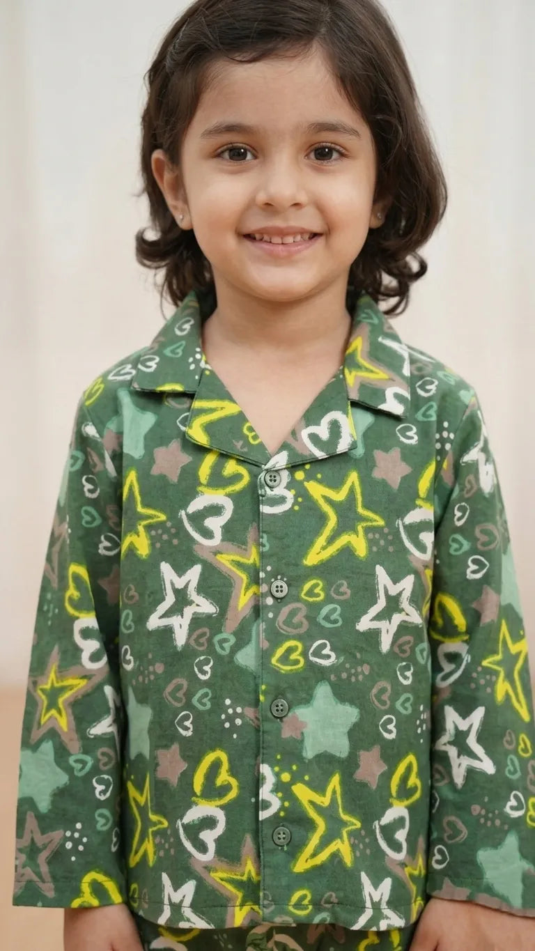 Girs  Pure Cotton Olive Green Star & Heart Print Night Suit