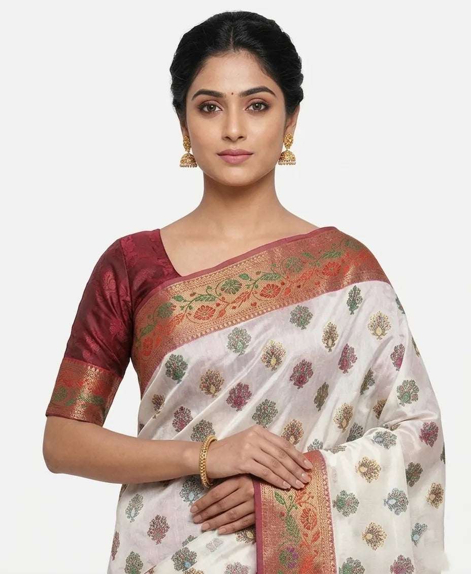 Off-White & Maroon Silk Blend Saree with Floral Woven Butta Design