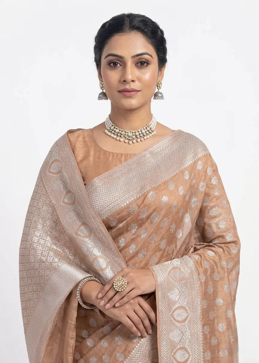 Peach-Coloured & Silver-Toned Silk Blend Zari Banarasi Saree