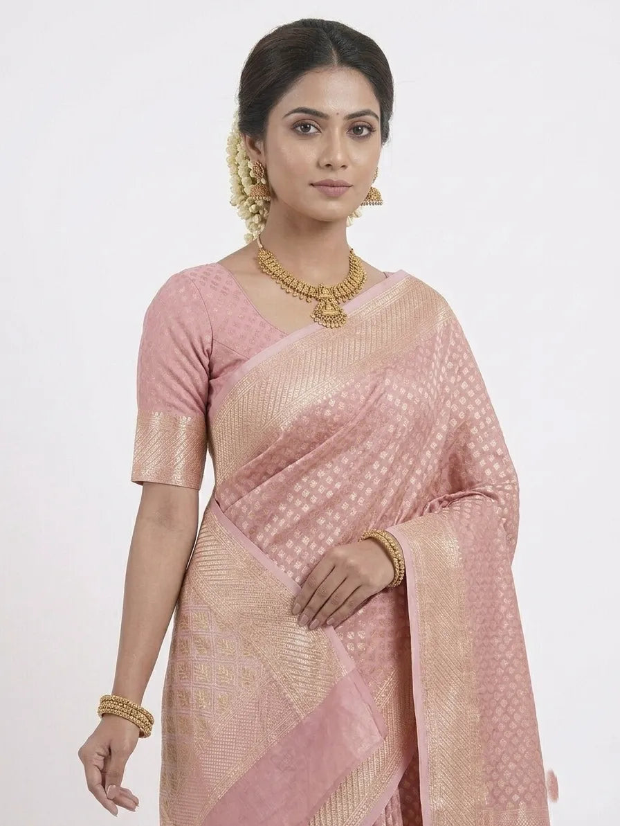 Candy Pink & Gold-Toned Woven Design Banarasi Saree with Unstitched Blouse Piece