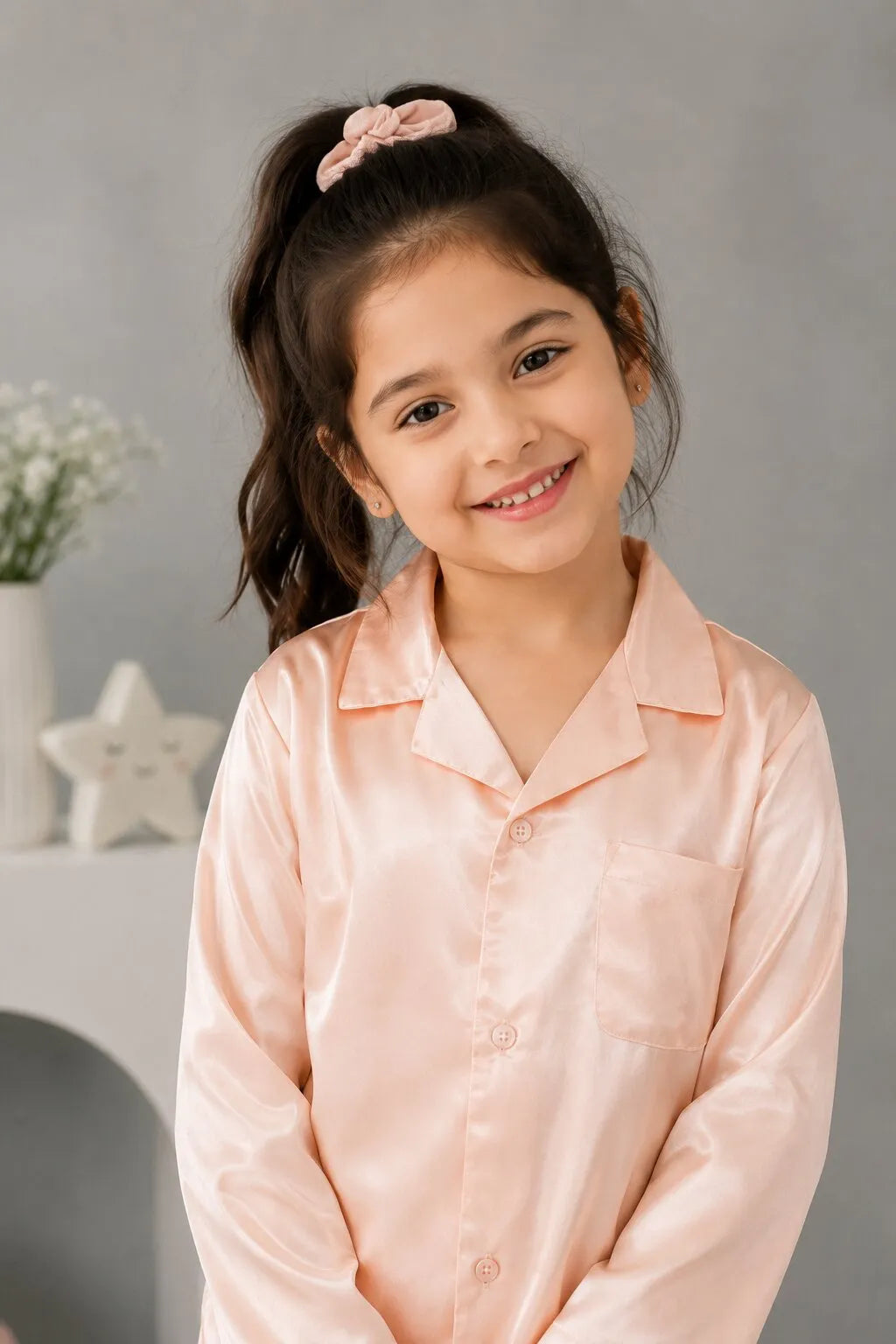 Kids' Peach Solid Satin Girls Night Suit