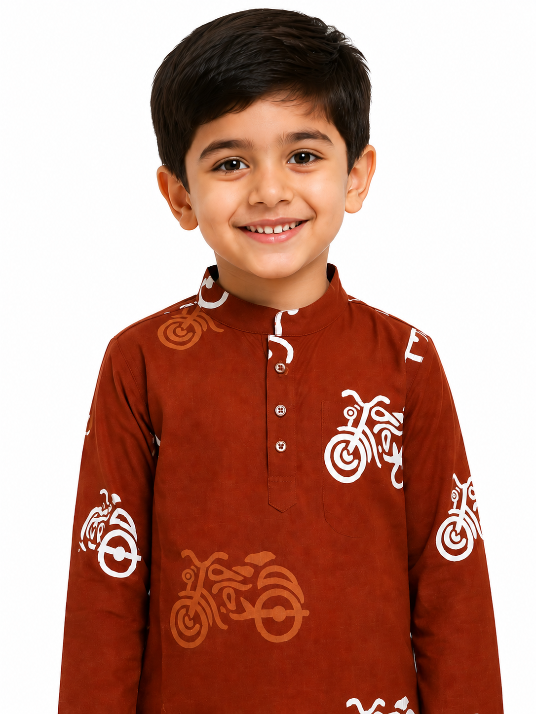Boys Rust-Brown Auto/Bike Print Cotton Kurta with Pyjama Set