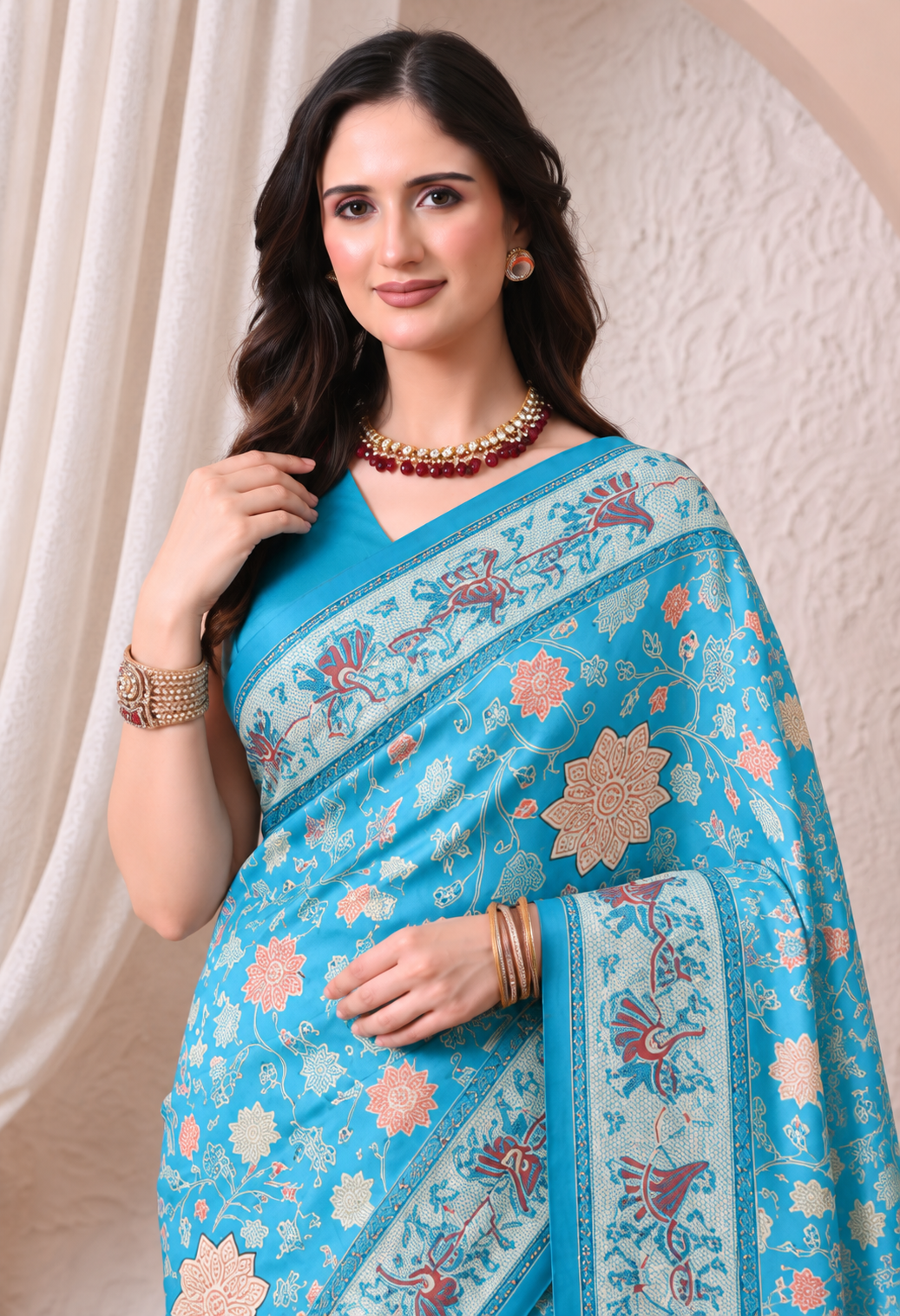 Elegant Turquoise Blue Chiffon Saree with Floral Print