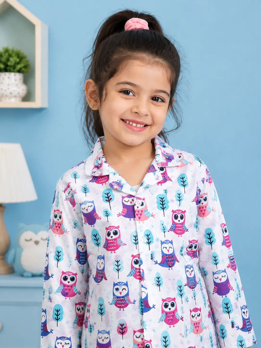 Kids' White & Purple Owl Print Pure Cotton Girls Night Suit