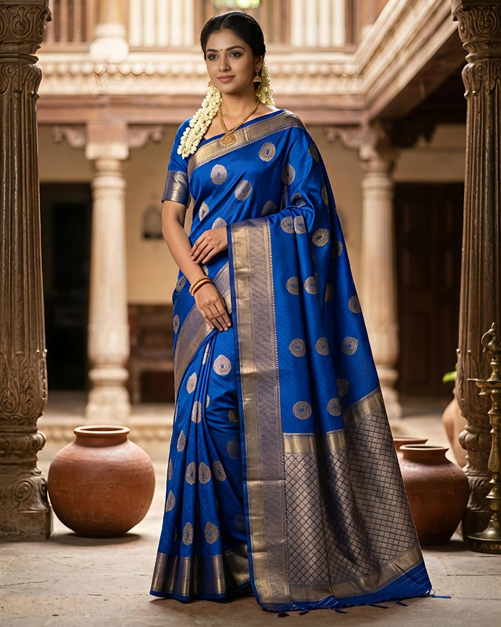 Women Royal Blue & Gold-Toned Art Silk Woven Design Banarasi Saree