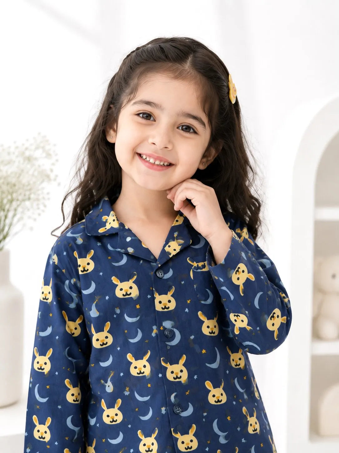 Kids' Pure Cotton Navy Blue Bunny & Moon Print Night Suit
