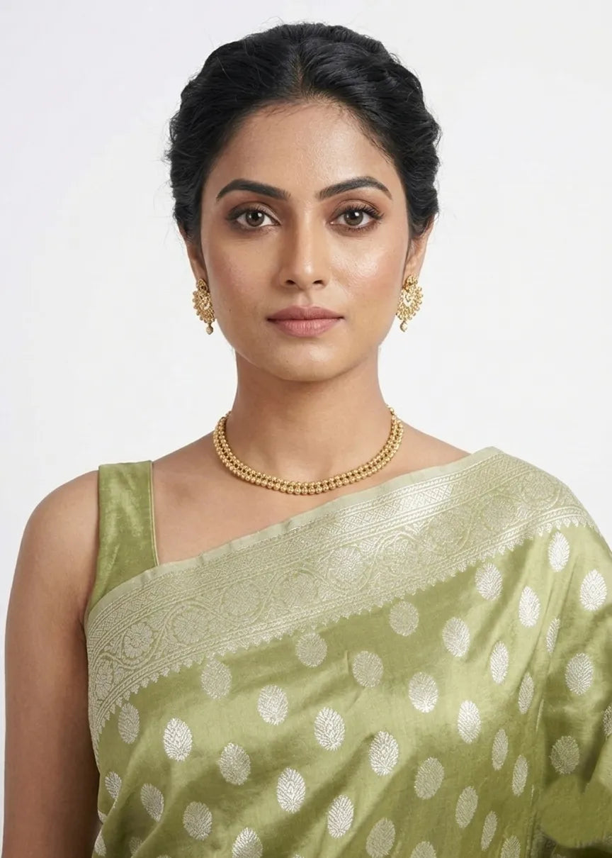 Olive Green & Silver-Toned Polka Dot Woven Design Banarasi Saree with Unstitched Blouse