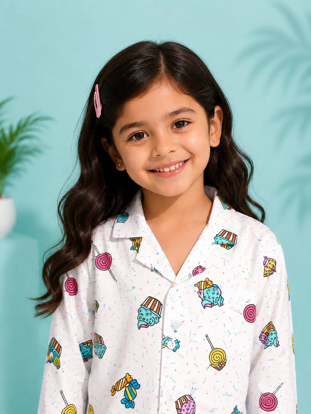 Kids White & Multi-Coloured Printed Satin Night Suit