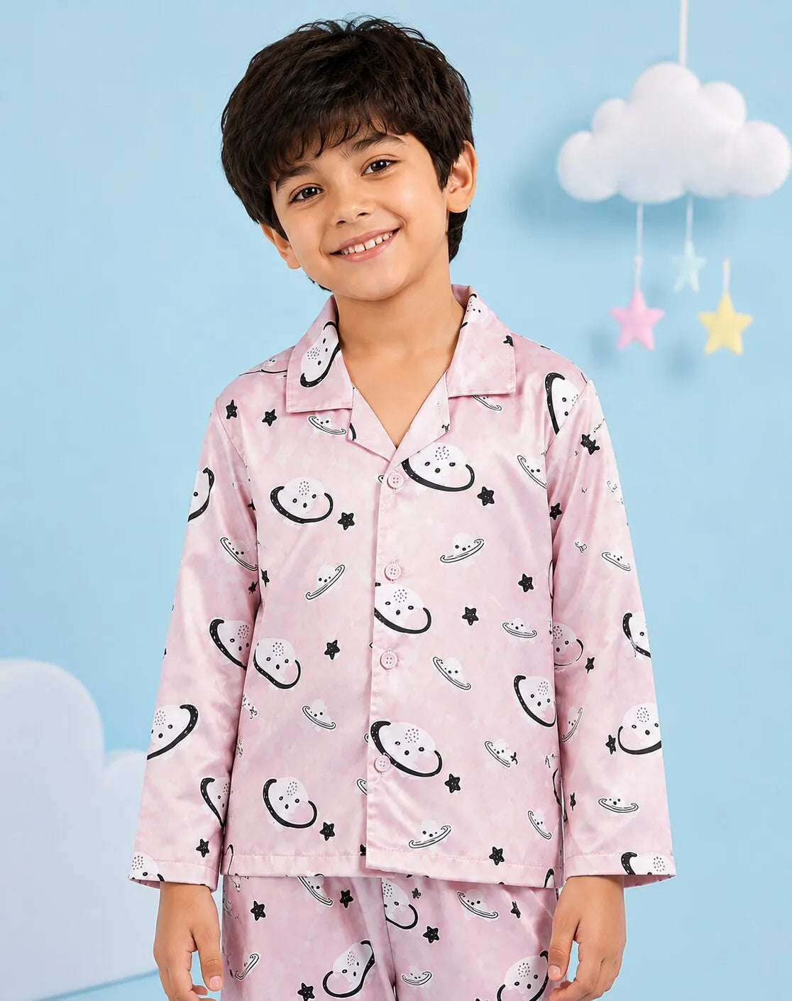 Boys Pink Celestial Printed Satin Night Suit Set