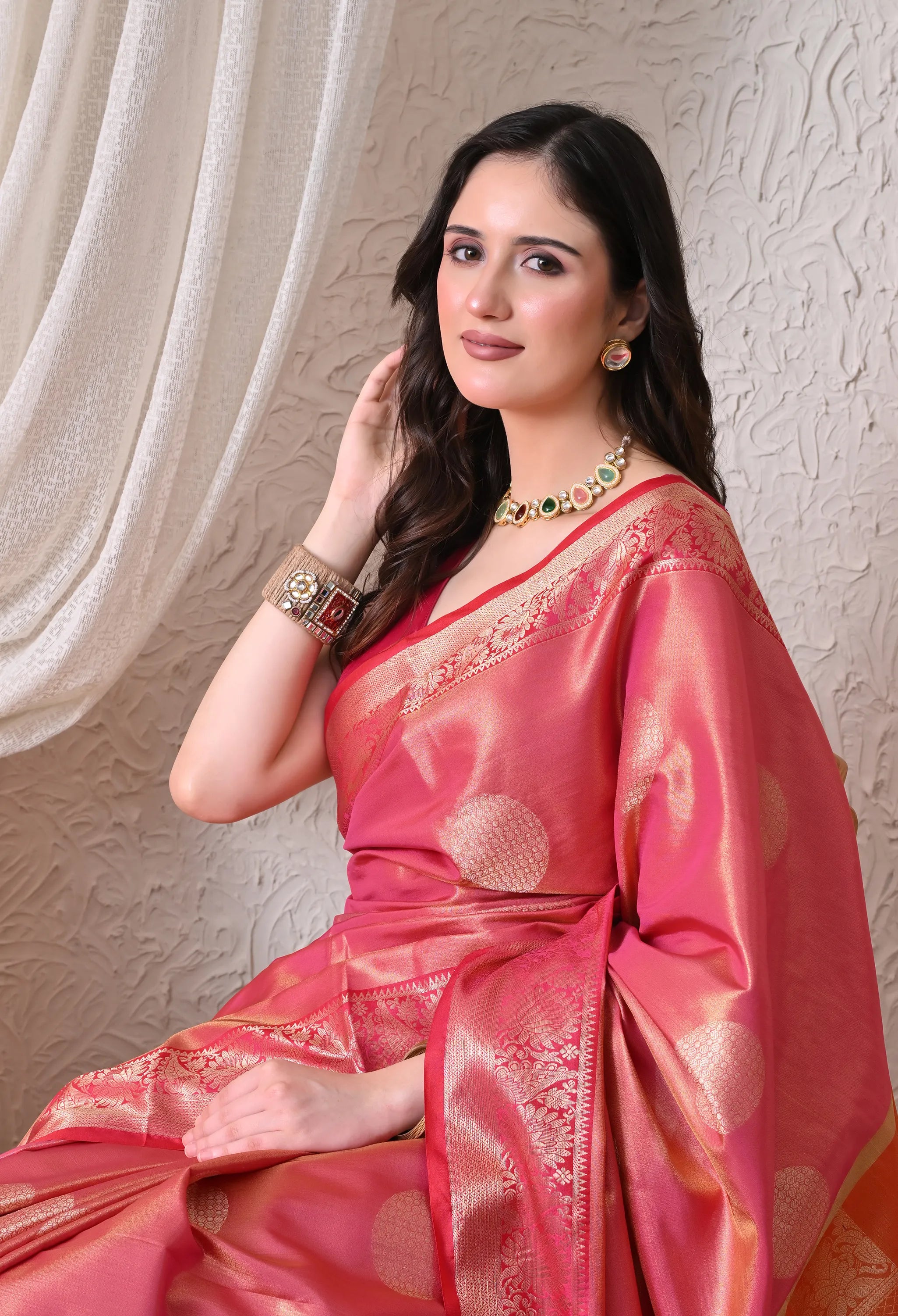 Radiant Pink Silk Blend Kanjeevaram Style Saree