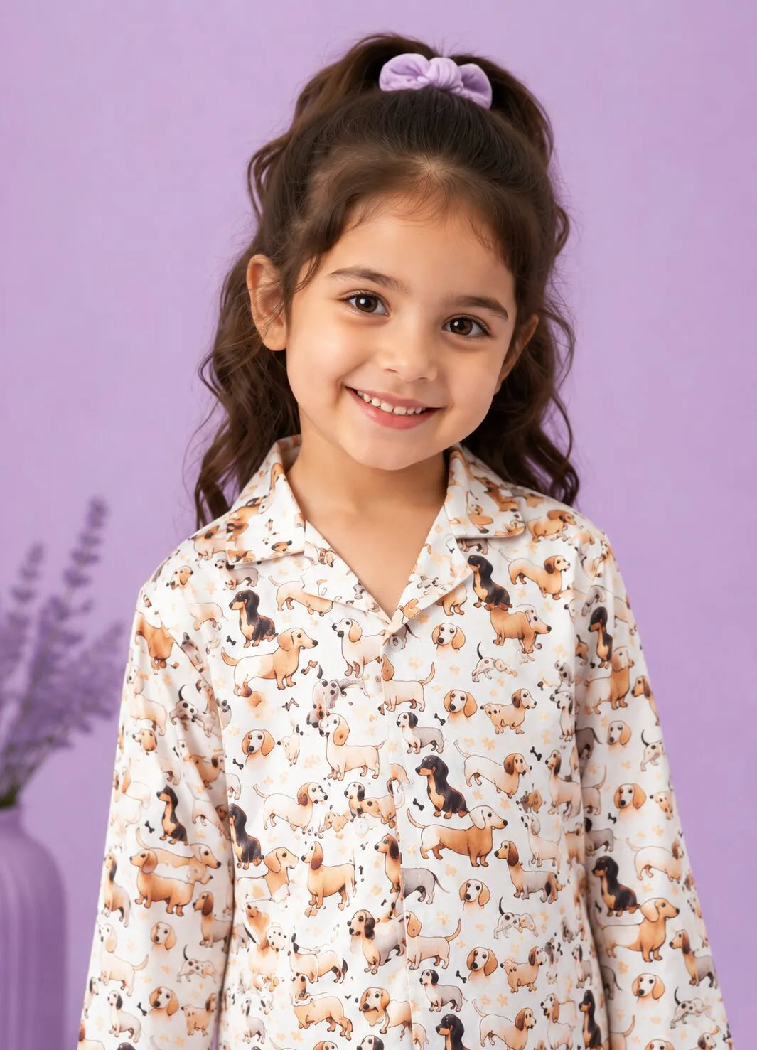 Girls Satin Dog Print Night Suit Set – Cream