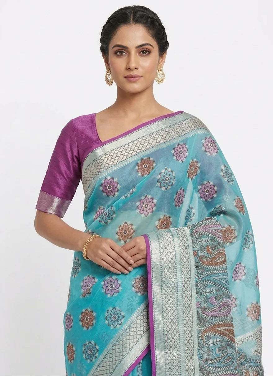 Women Turquoise Blue & Purple Floral Printed Chanderi Silk Saree with Unstitched Blouse