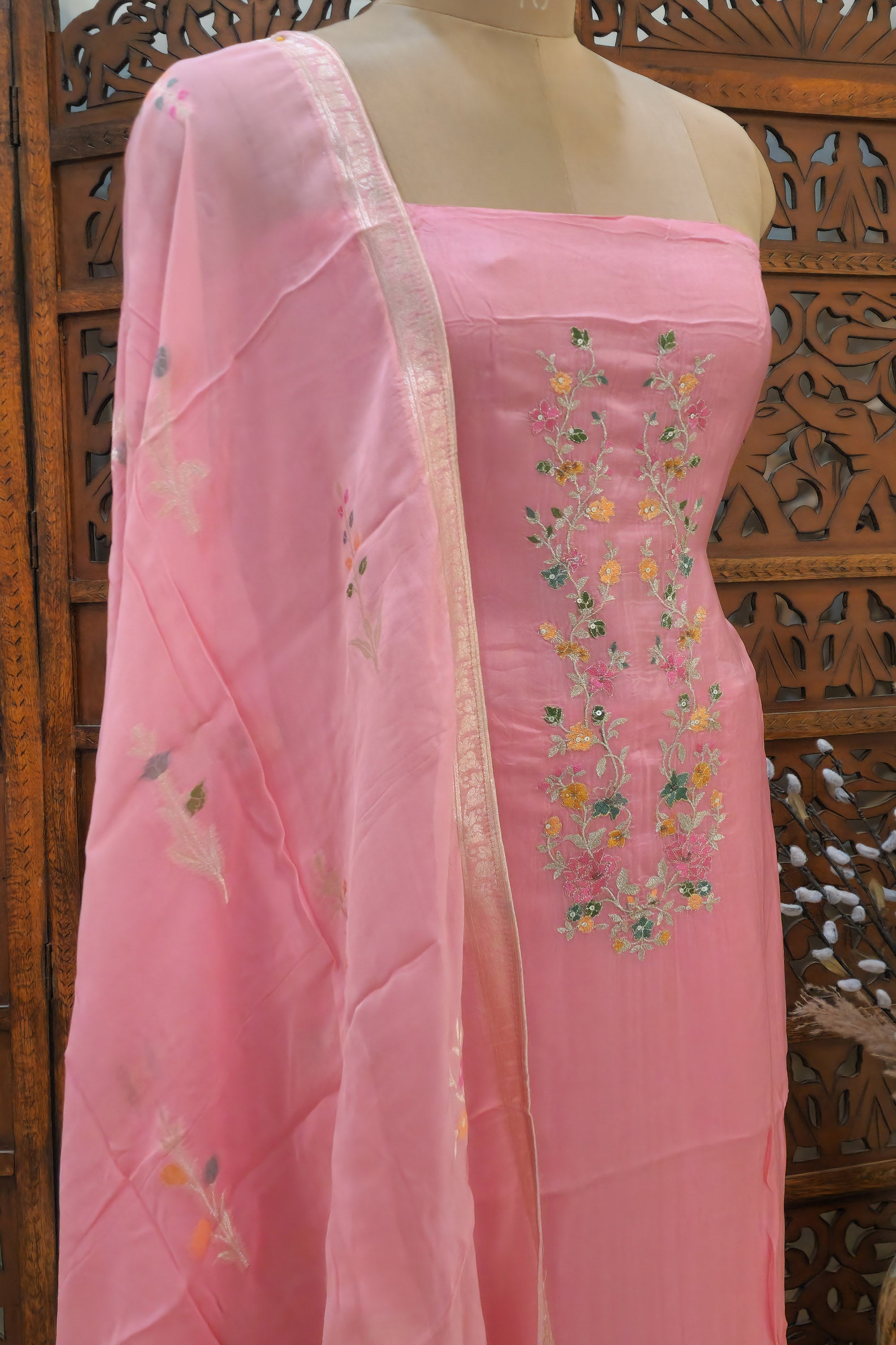 Pink Embroidered Silk Blend Unstitched Dress Material with Organza Dupatta