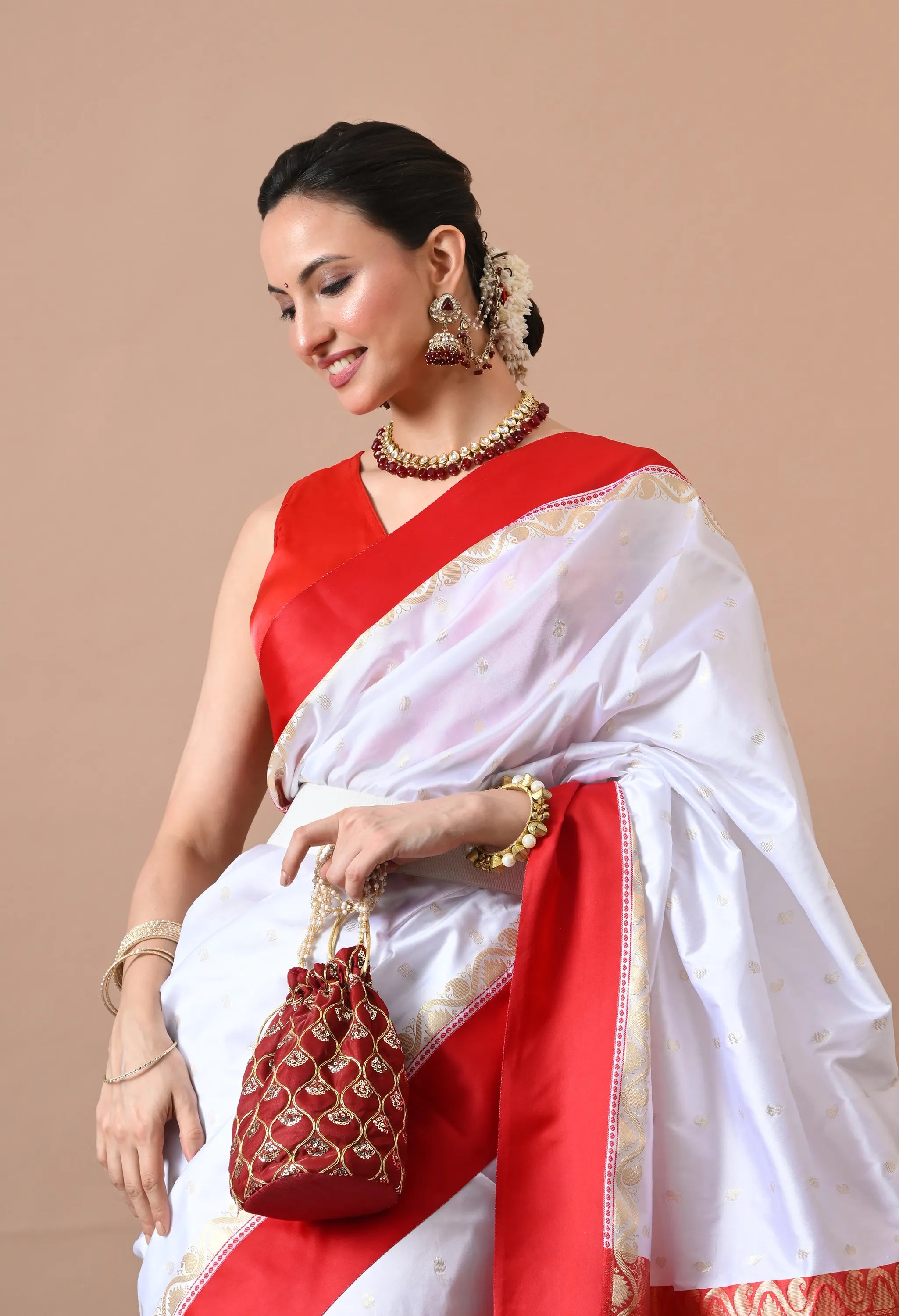 White & Red Woven Design Silk Blend Banarasi Saree