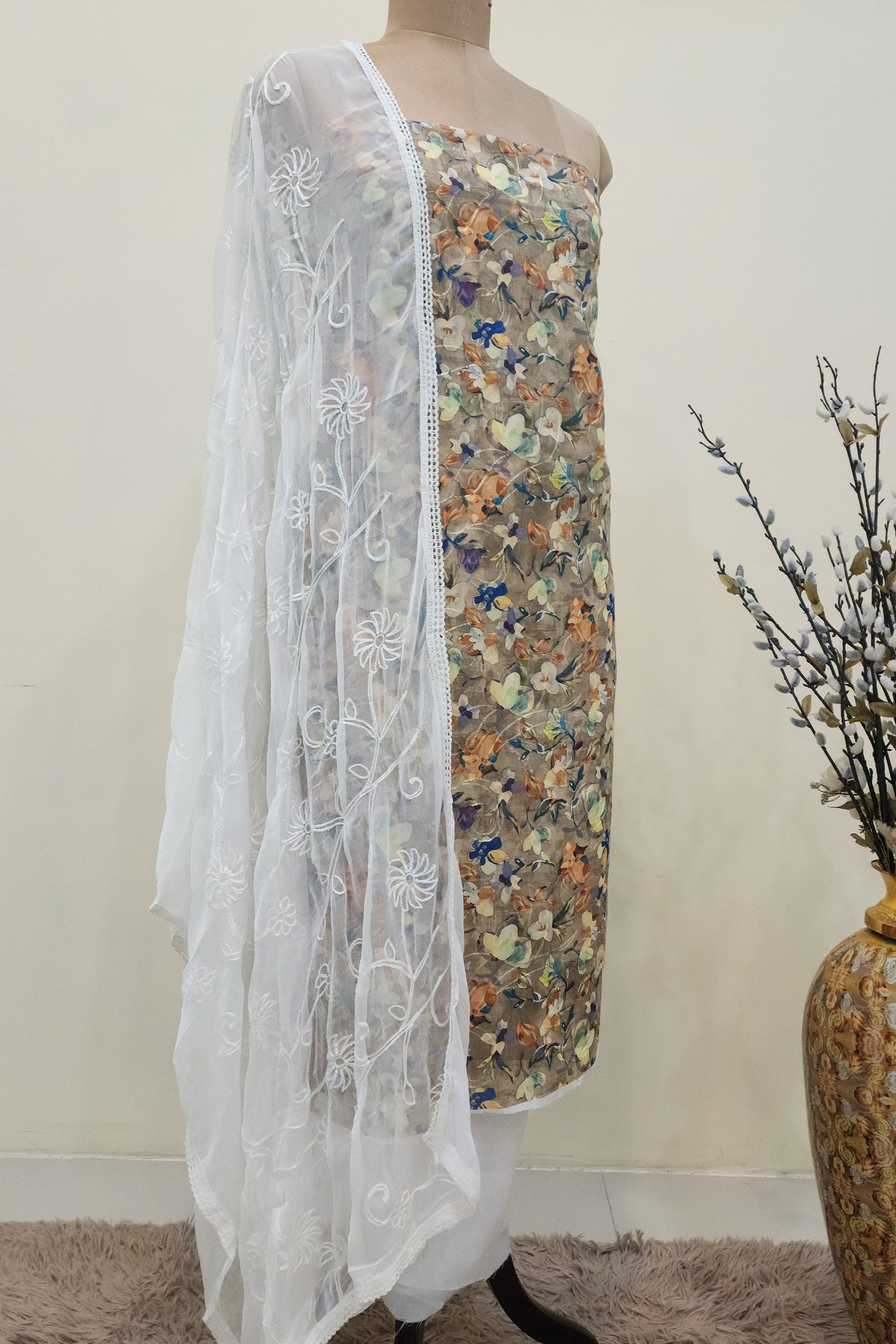 Women's Earthy Beige Floral Printed Cotton Unstitched Suit Set with Embroidered White Net Dupatta