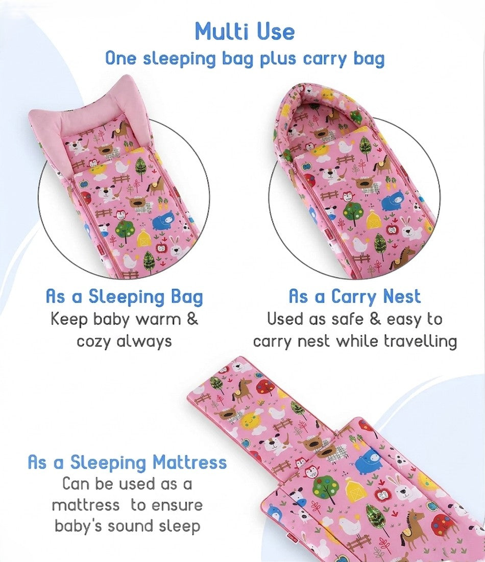 Unisex Infants Pink & White Printed 3-in-1 Bedding Combo – Carry Nest, Mattress with Net & Gadda Set
