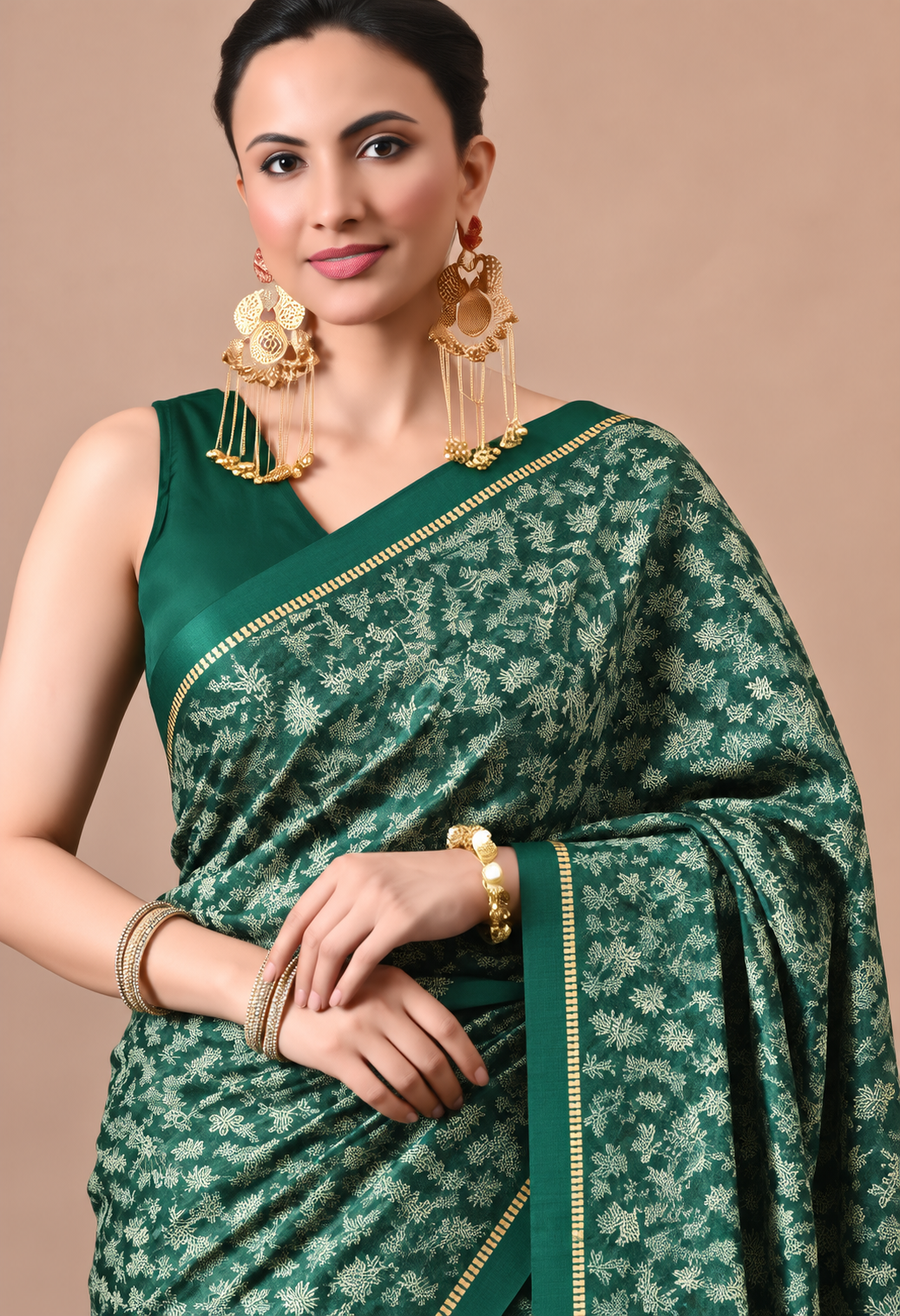 Elegant Bottle Green Chiffon Saree with Intricate Floral Print