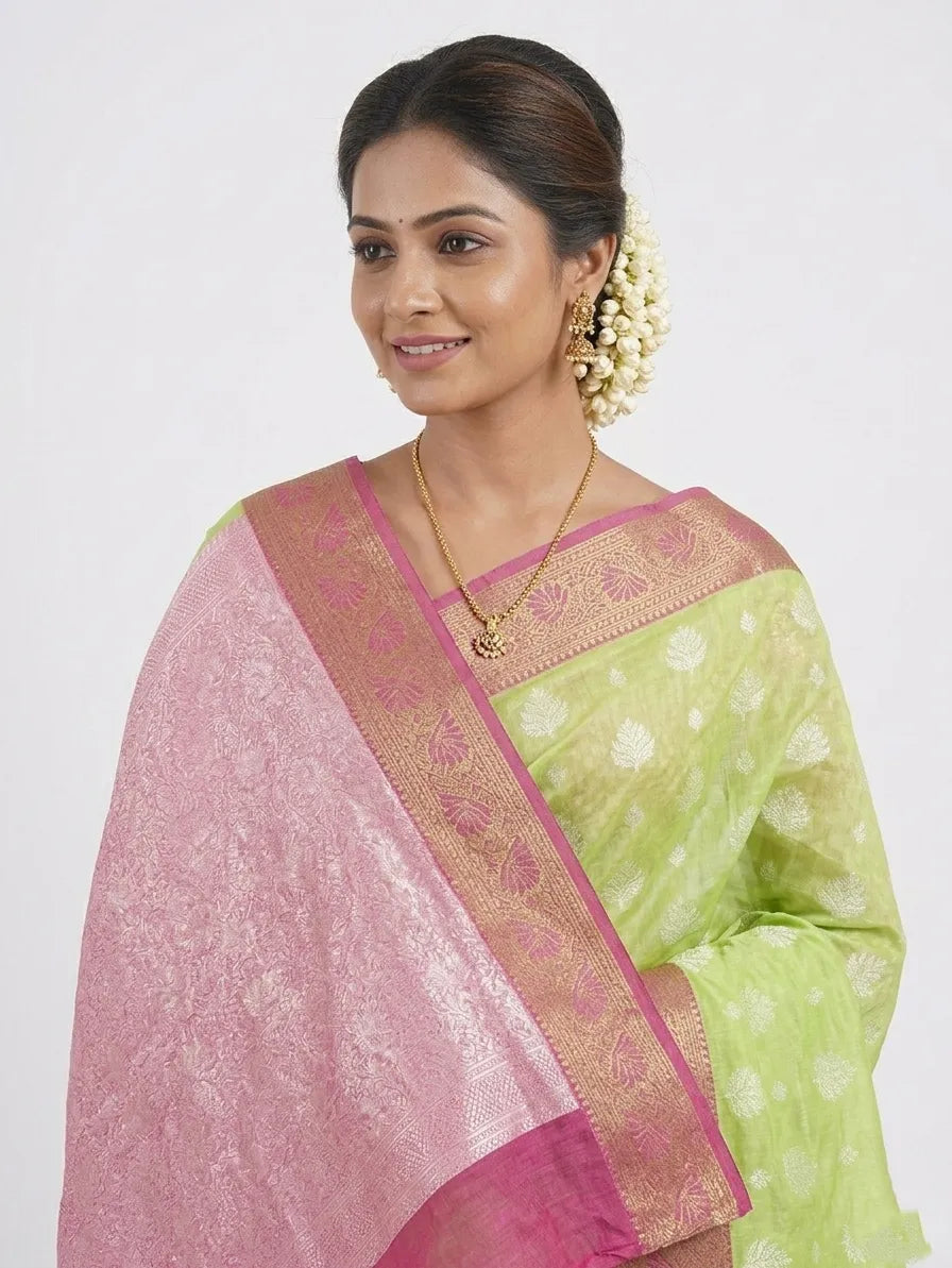 Lime Green & Magenta Silk Blend Woven Design Banarasi Saree with Unstitched Blouse