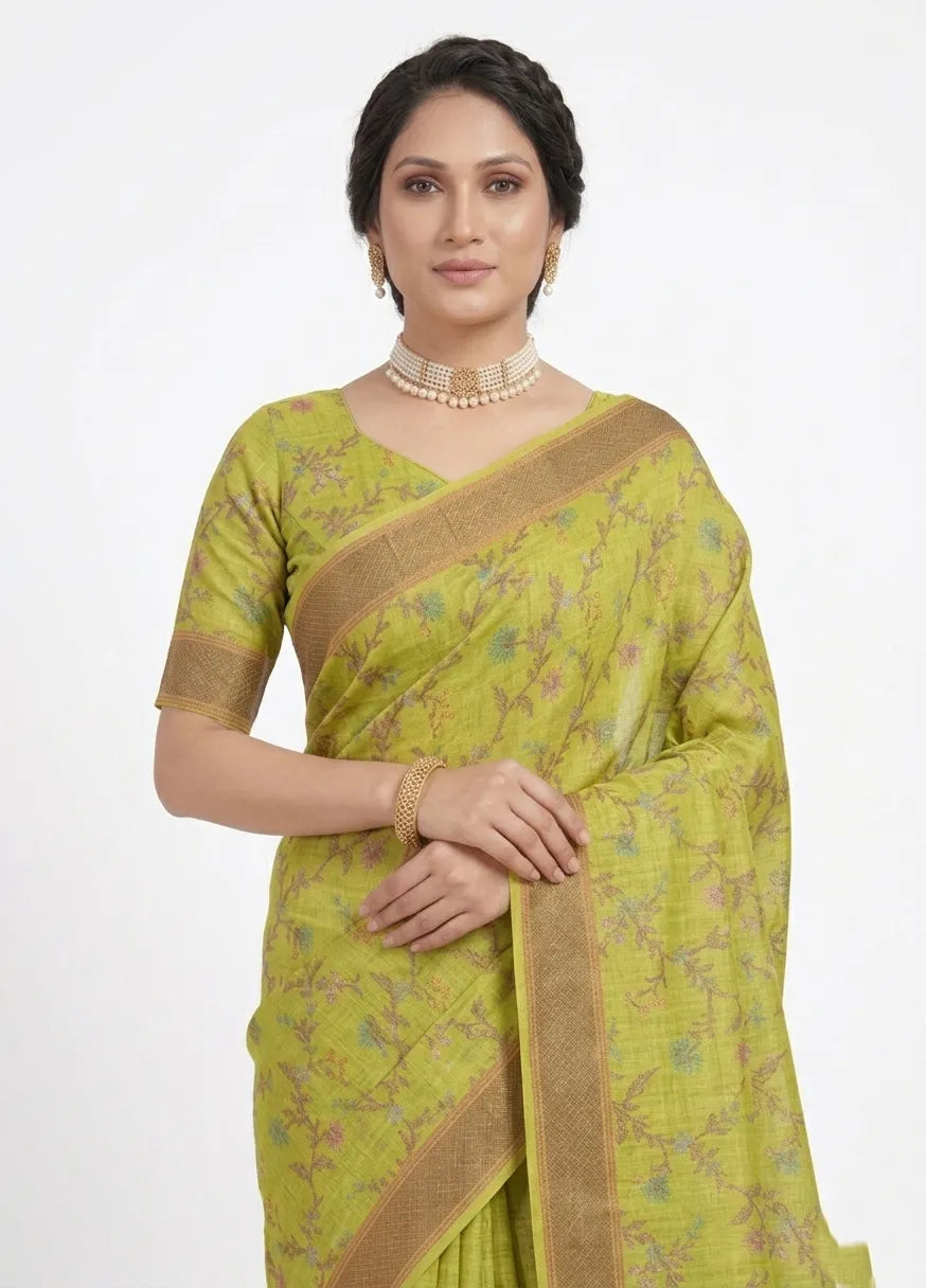 Lime Green Floral Printed Organza Saree with Zari Border