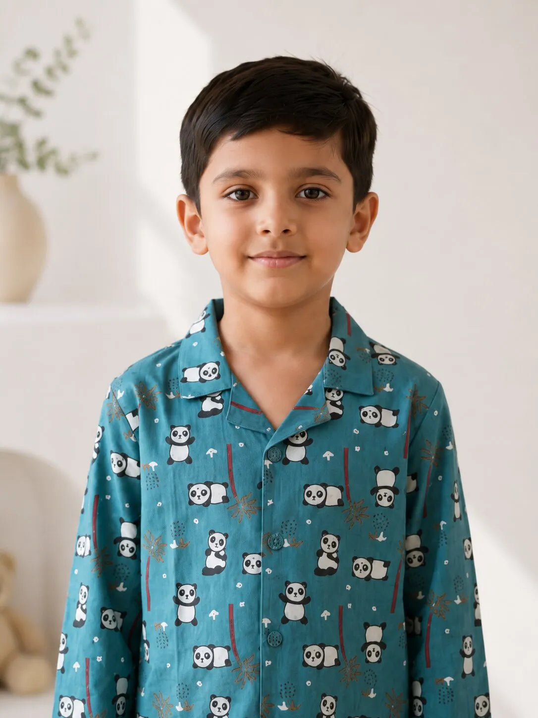Kids Boys Blue Panda Printed Satin Night Suit
