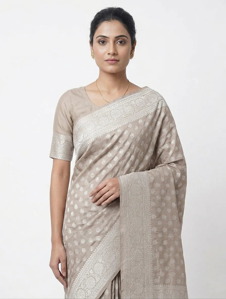 Champagne & Silver-Toned Floral Woven Design Banarasi Saree with Unstitched Blouse