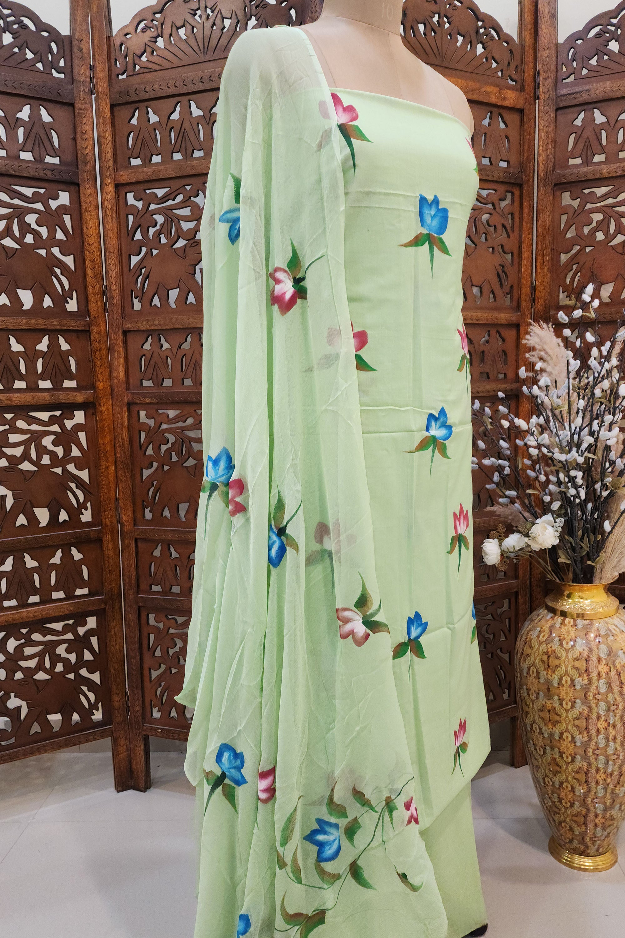 Women Sea Green Printed Pure Cotton Unstitched Dress Material with Chiffon Dupatta
