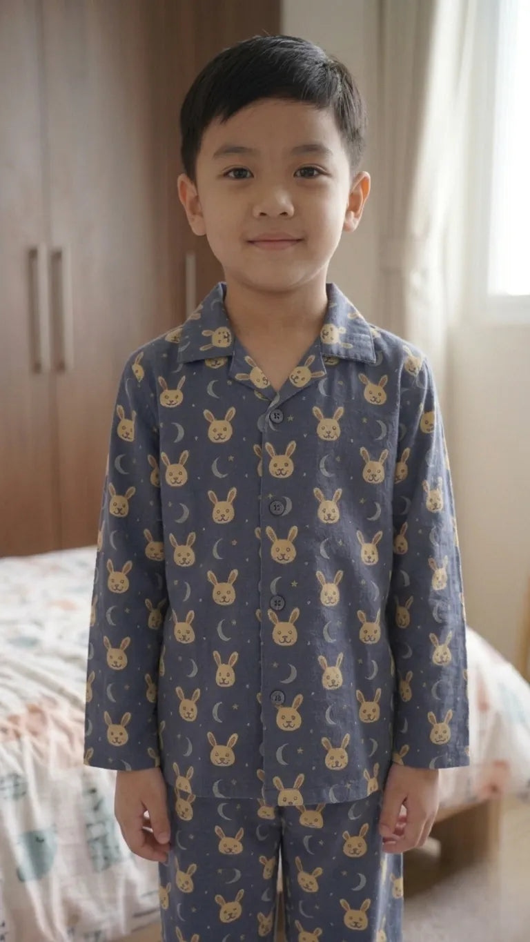 Kids Navy Blue & Yellow Bunny Print Night Suit