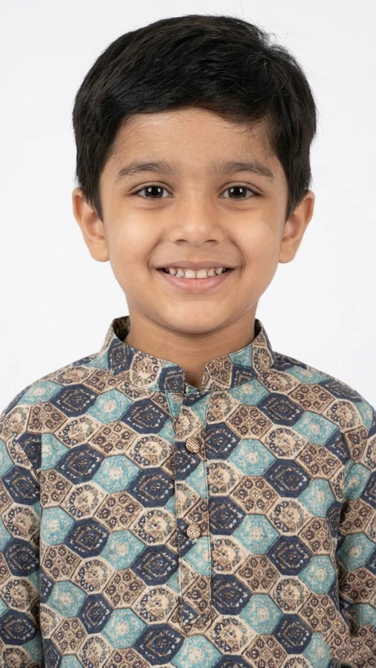 Boys Blue & Beige Ethnic Printed Cotton Kurta Set