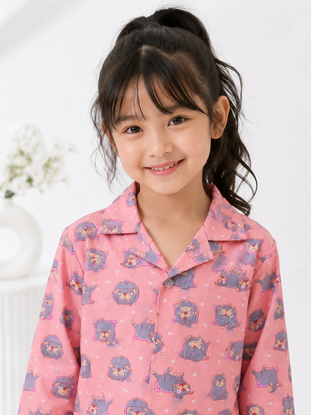 Kids' Pure Cotton Soft Pink Puppy Print  Night Suit