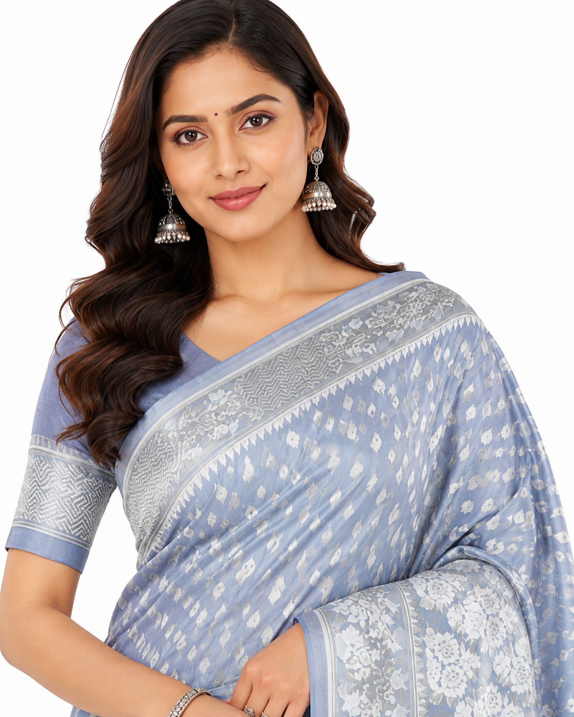Grey & Off-White Floral Woven Design Organza Banarasi Saree with Unstitched Blouse