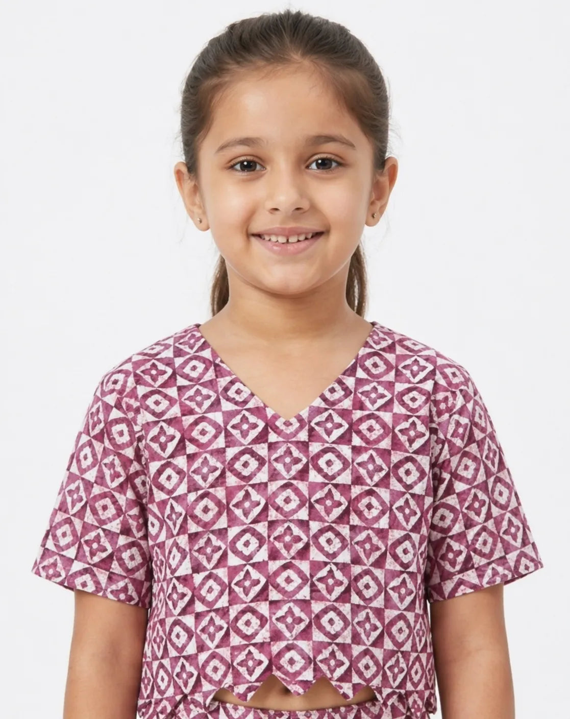 Girls Maroon & White Pure Cotton Printed Scalloped Co-ord Set