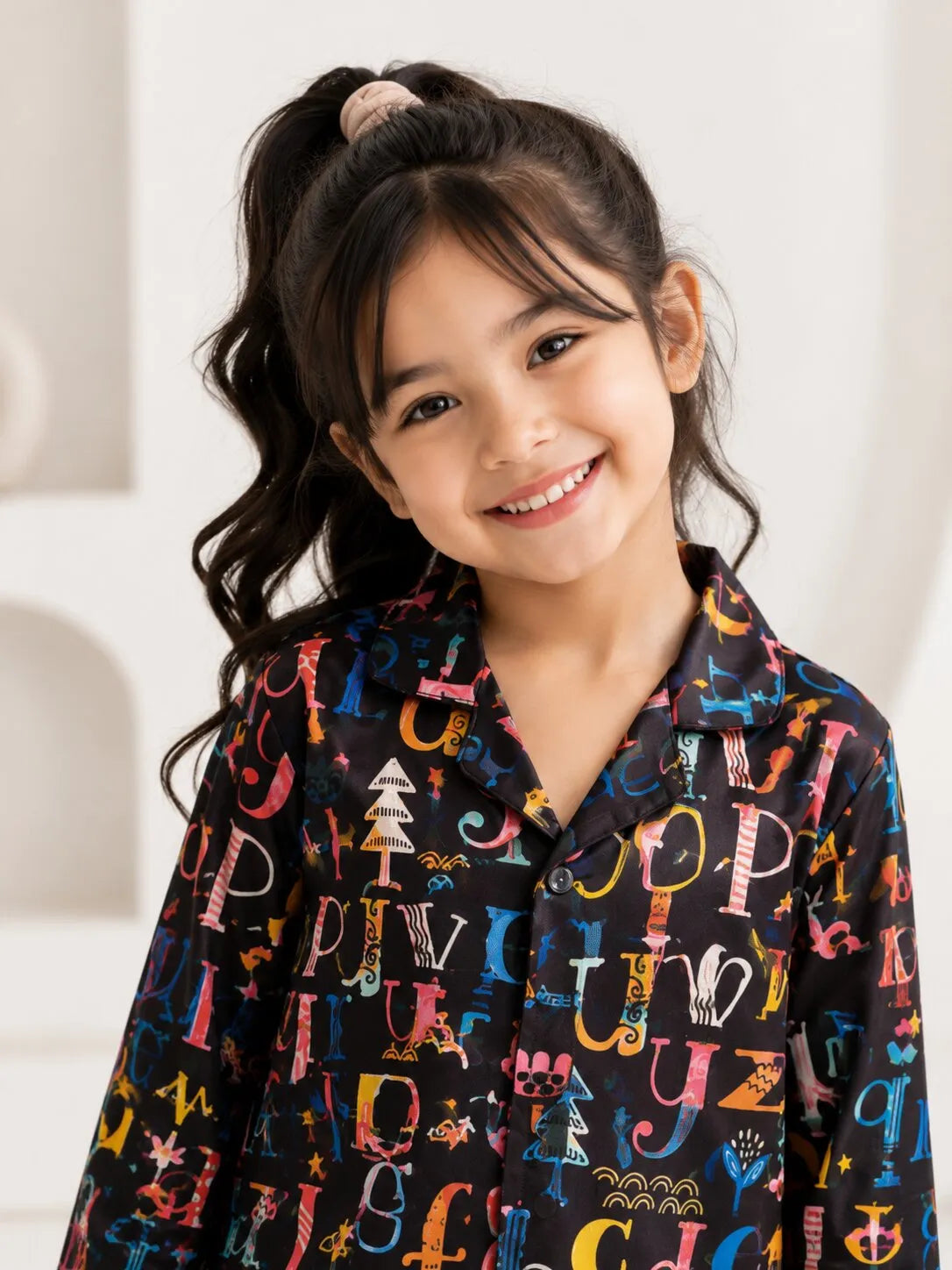 Girls Black & Multicolor Alphabet Print Satin Night Suit
