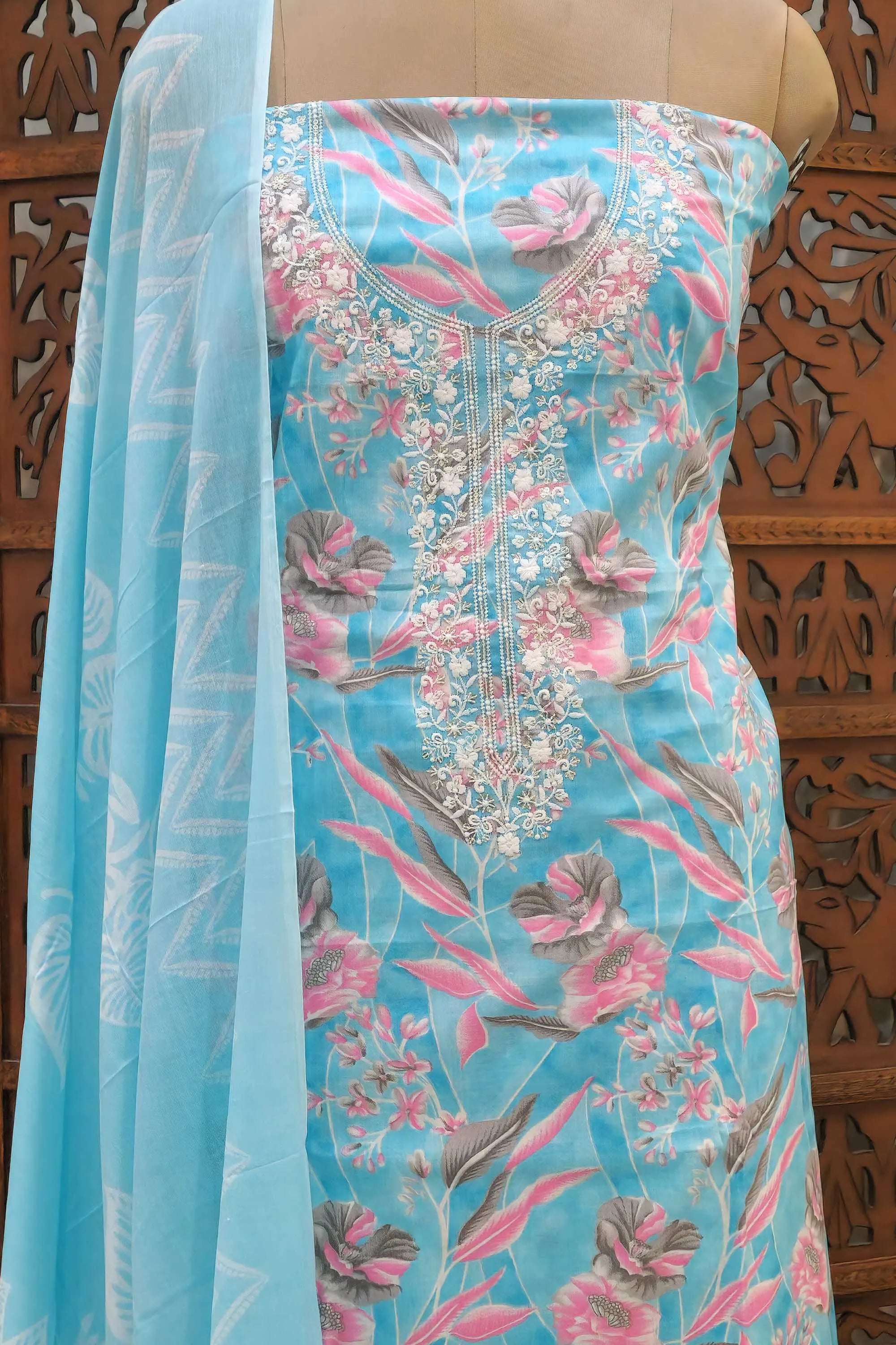 Women Sky Blue & Pink Floral Printed Pure Cotton Unstitched Dress Material with Embroidered Neckline