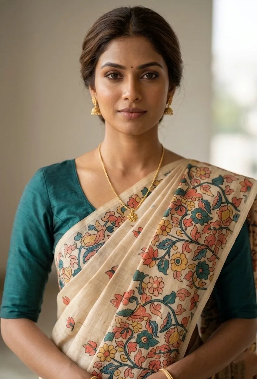 Beige Cotton Kalamkari Inspired Floral Printed Saree