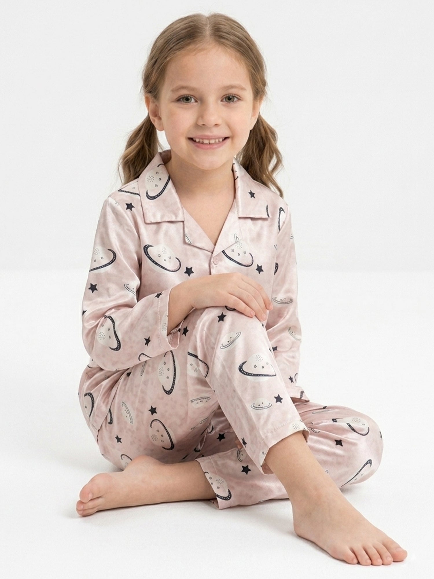 Girls Pink Celestial Printed Satin Night Suit Set