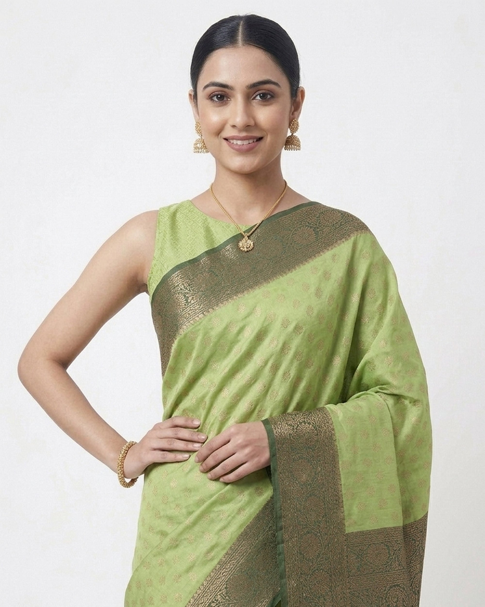 Women Lime Green & Bottle Green Silk Blend Banarasi Saree with Zari Work