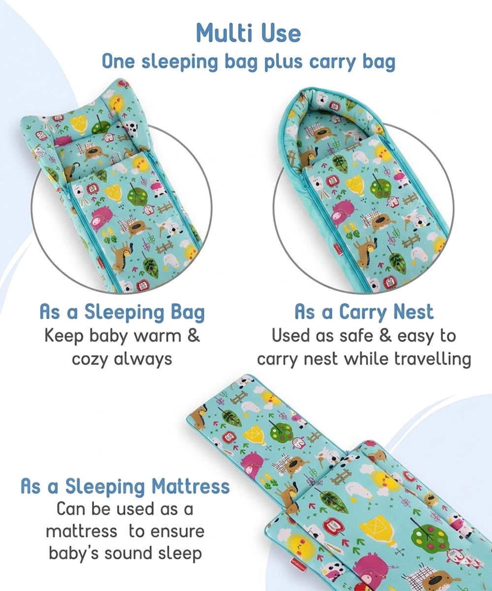 Unisex Infants Green & White Printed 3-in-1 Bedding Combo – Carry Nest, Mattress with Net & Gadda Set