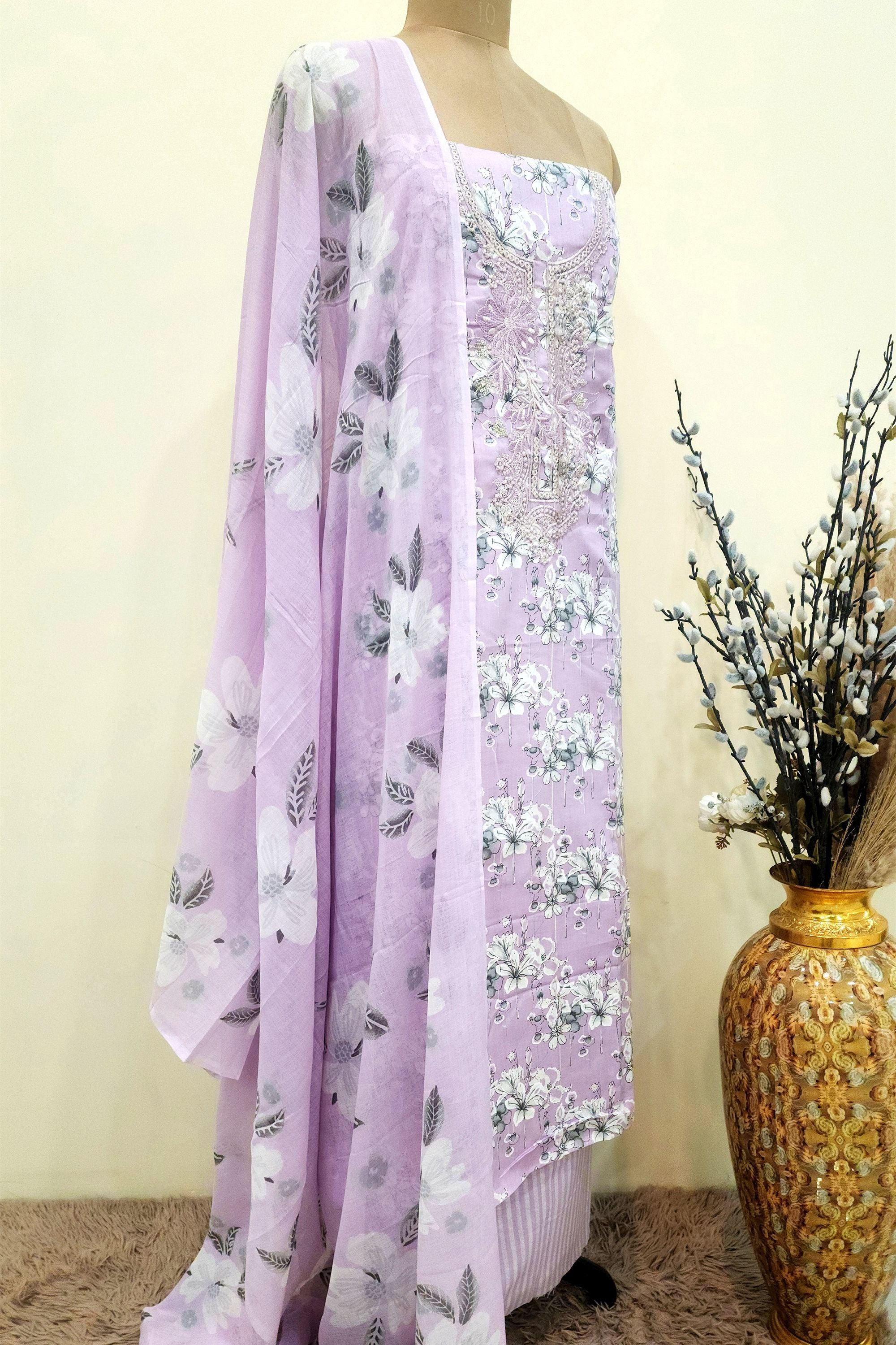 Women's Lavender Floral Printed Pure Cotton Unstitched Suit Set
