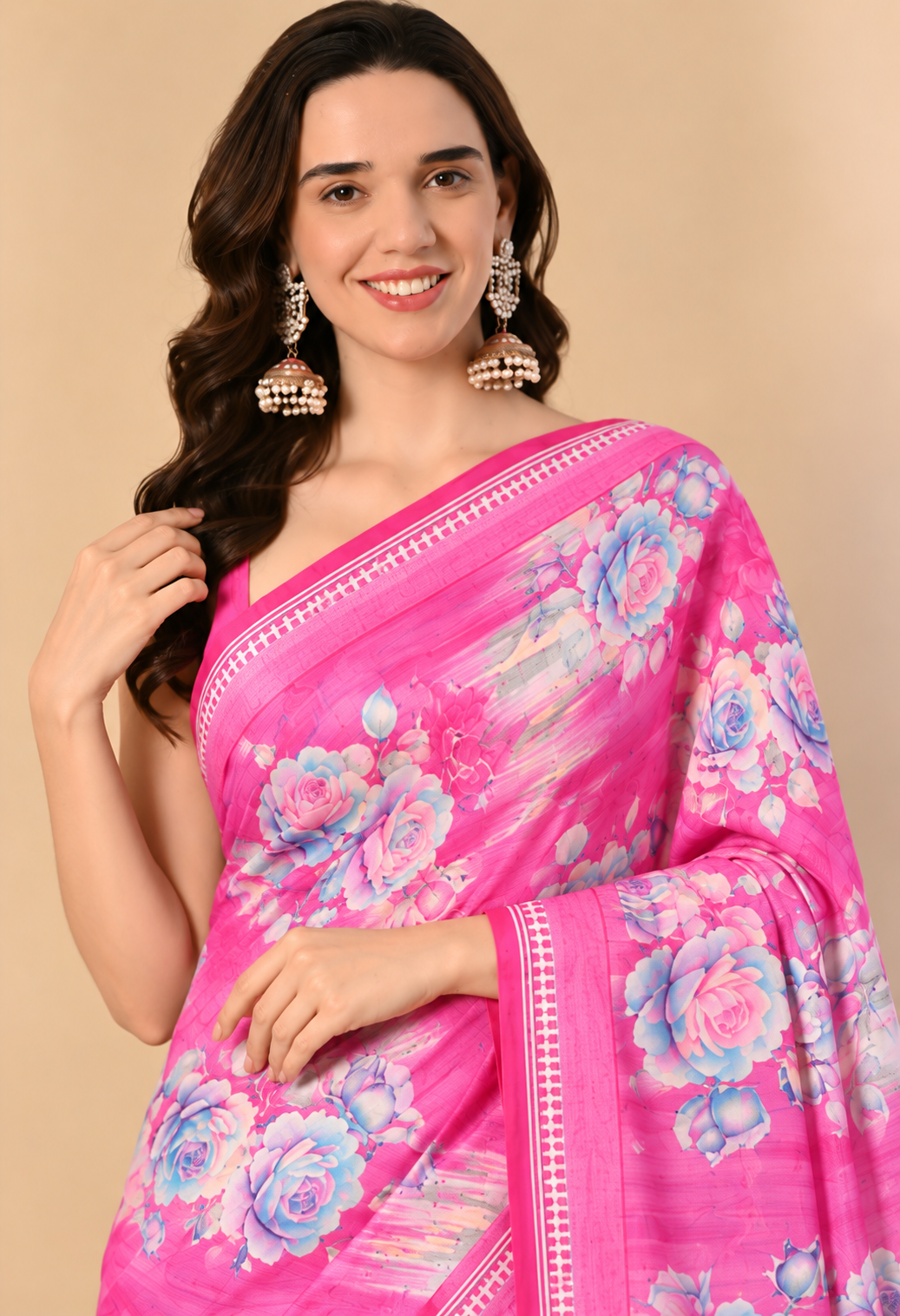 Pink Floral Printed Silk Blend Saree