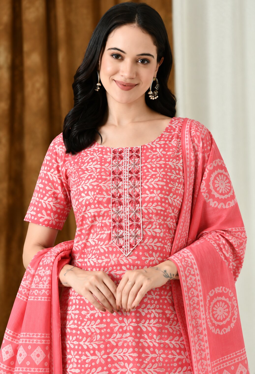 Red cotton printed Suit Set with Matching Cotton Dupatta