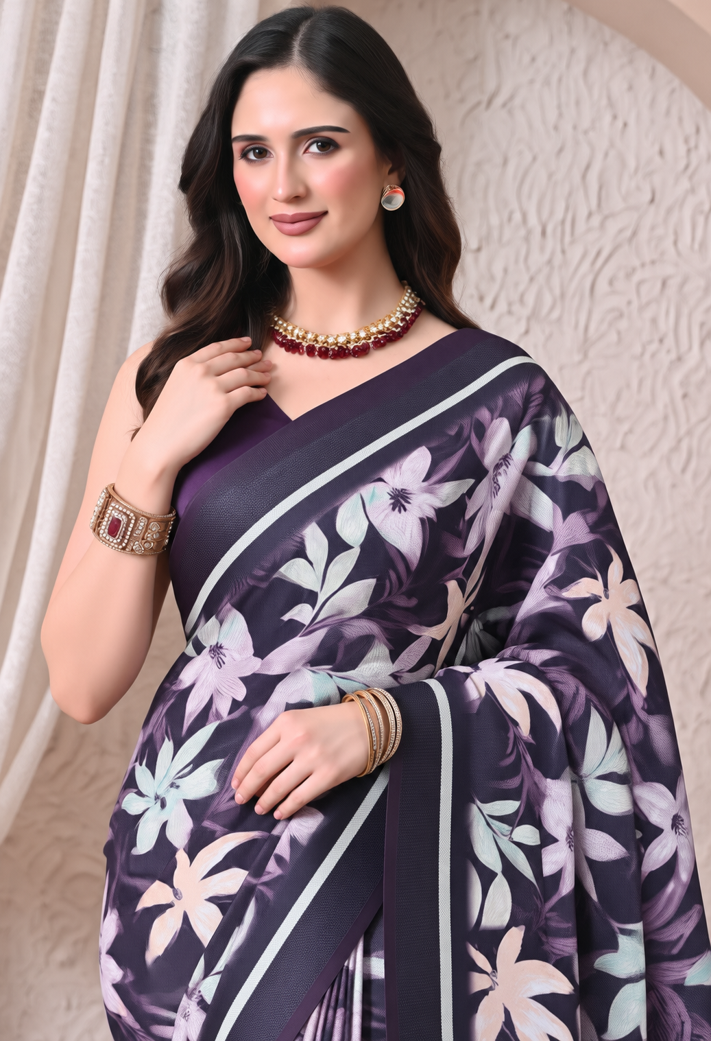 Elegant Purple Chiffon Saree with Floral Print and Designer Border