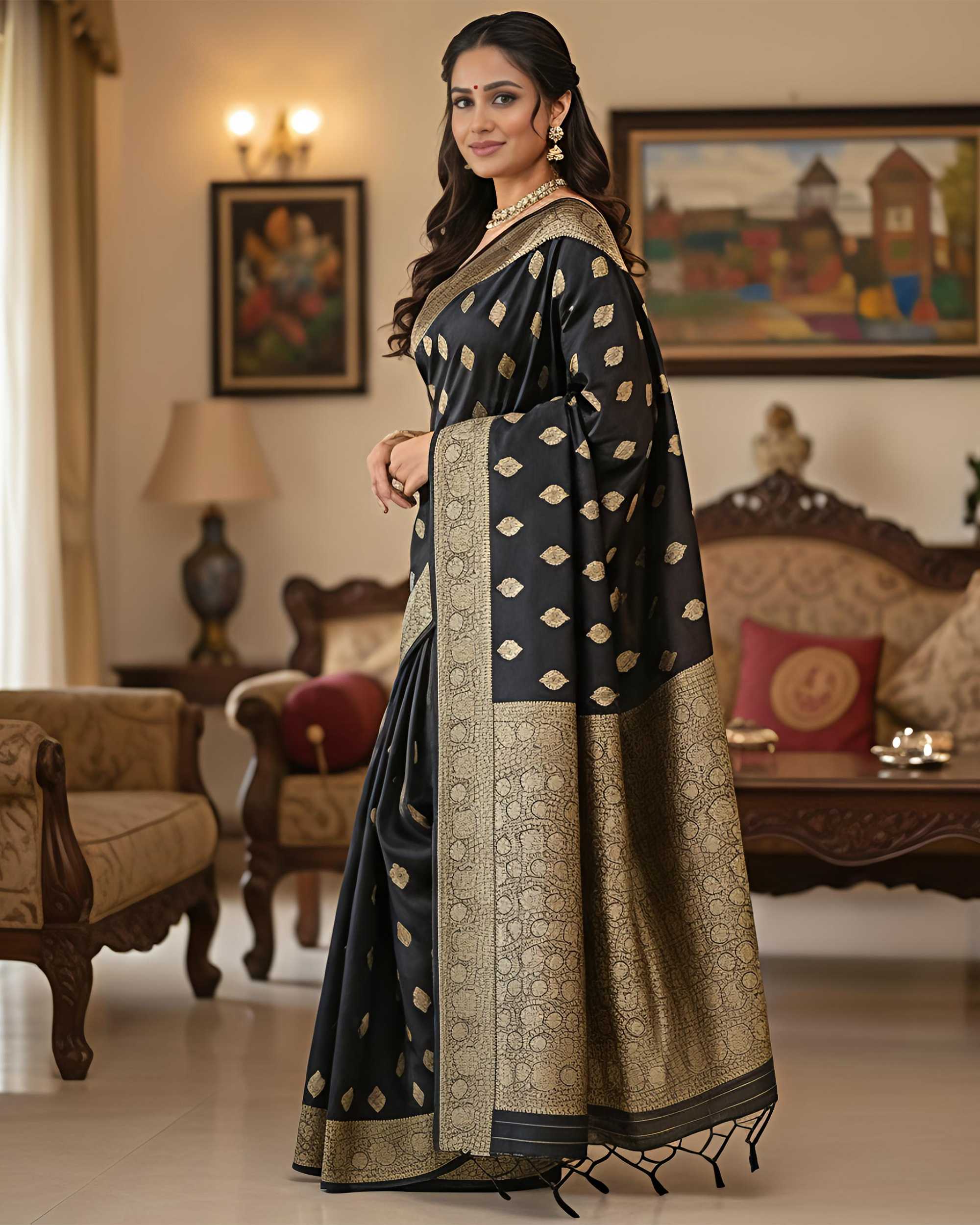 Black & Gold-Toned Zari Woven Banarasi Silk Blend Saree Includes Unstitched Blouse Piece