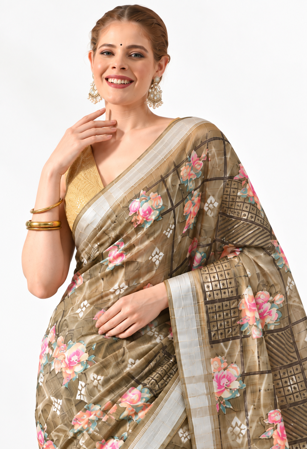 Elegant Olive Green Floral Printed Saree with Antique Gold Border