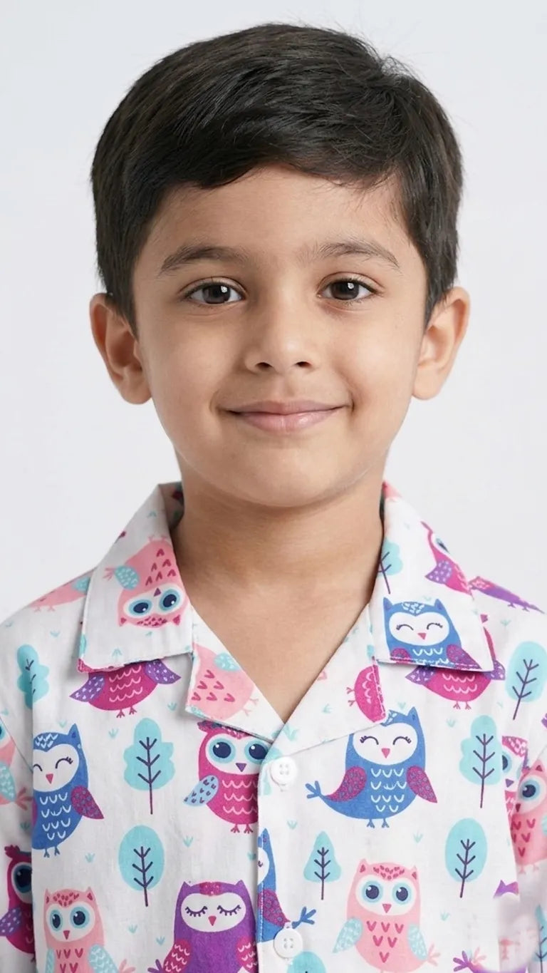 Kids' White & Purple Owl Print Pure Cotton Night Suit