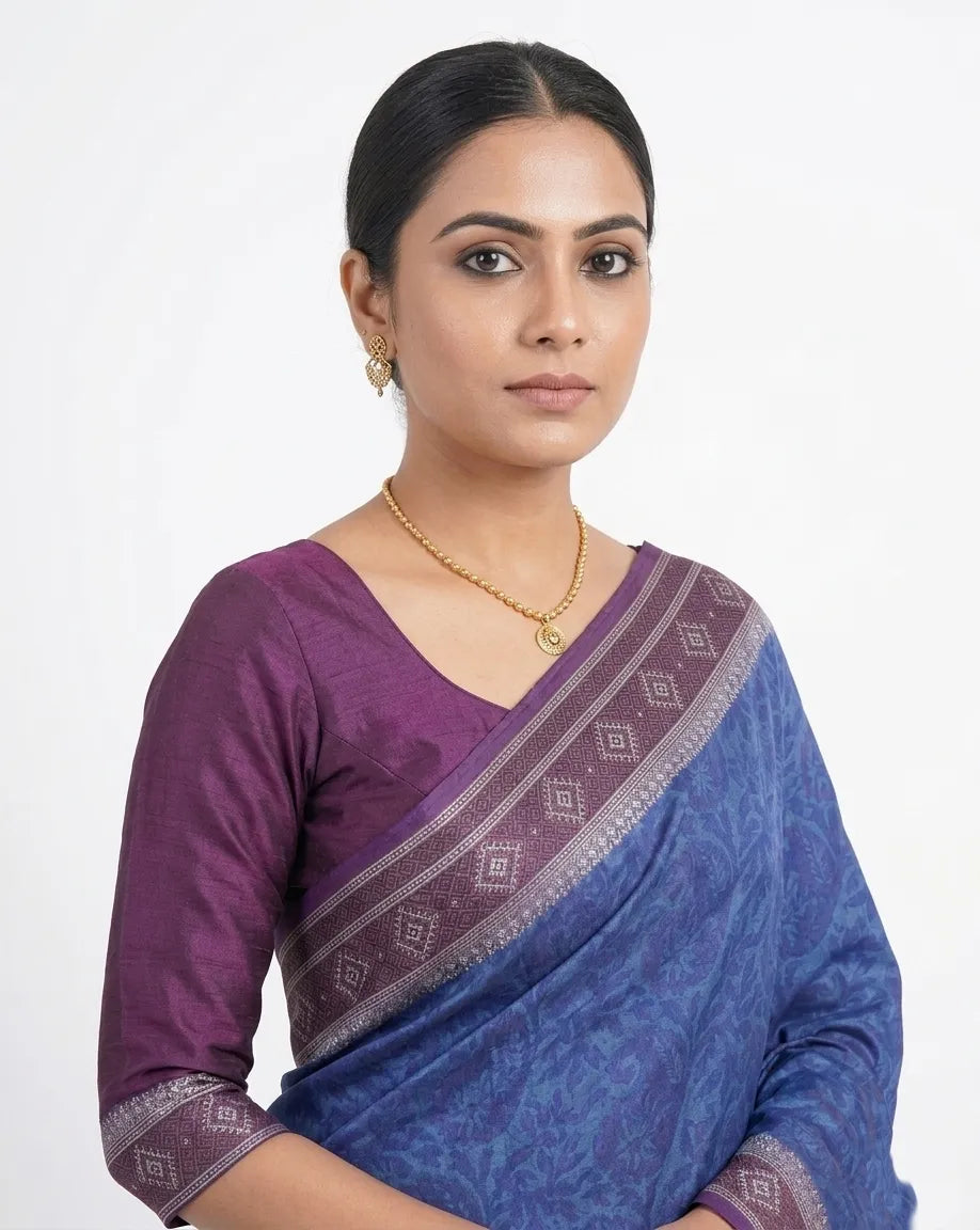 Royal Blue & Purple Floral Woven Design Silk Blend Saree