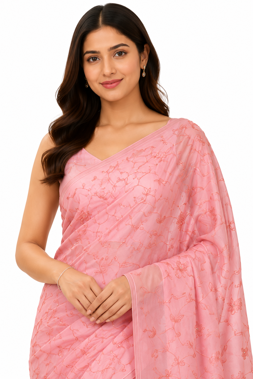 Pink Pure Chinon Chiffon Saree with Hand-Embroidery Work