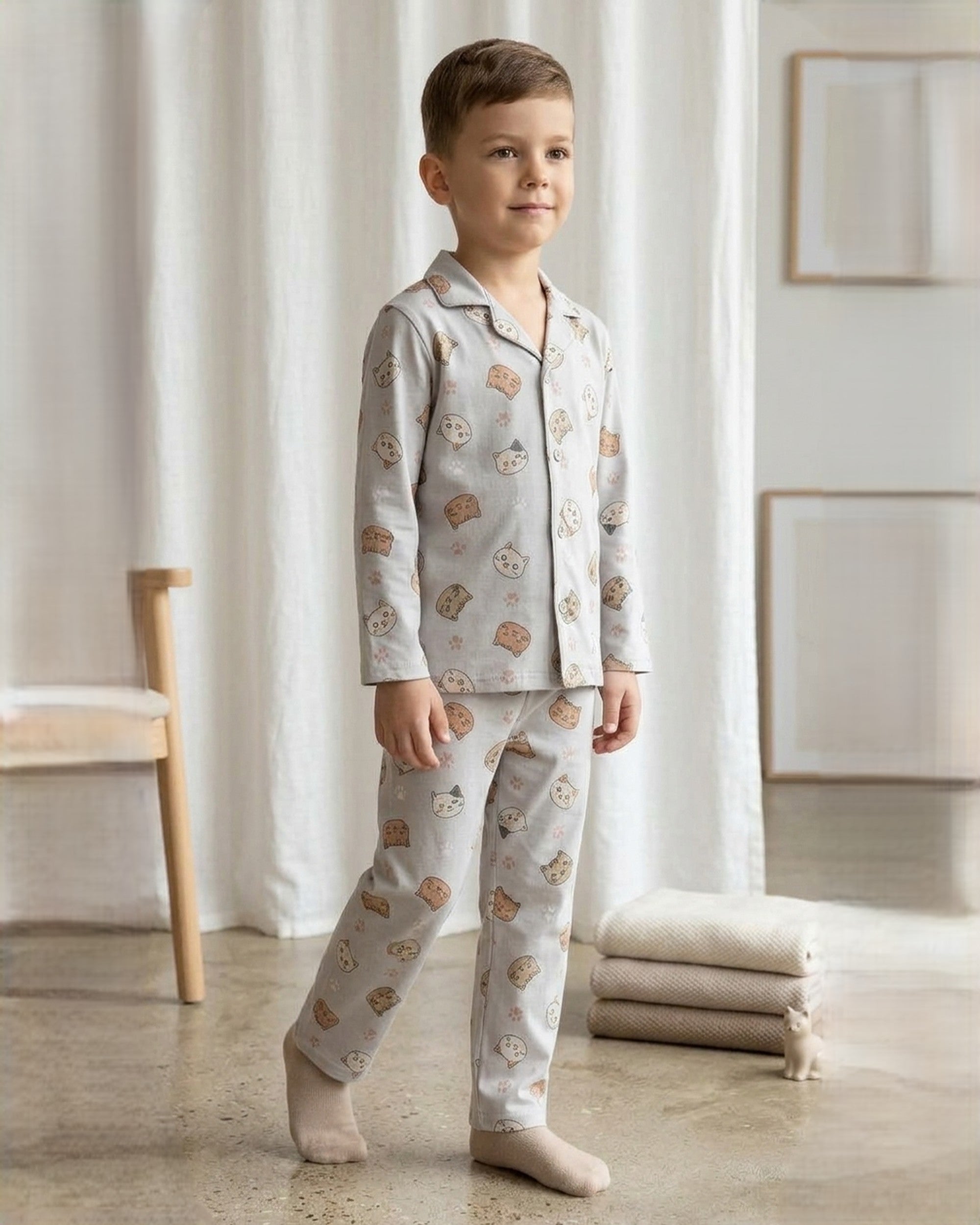 Kids Boys Grey & Orange Cat Printed Satin Night Suit