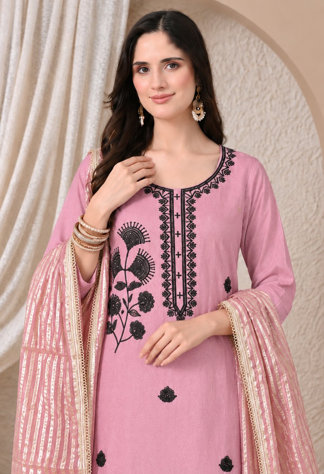 Pink Chanderi Silk Embroidered Straight Suit Set with Organza Dupatta for Women