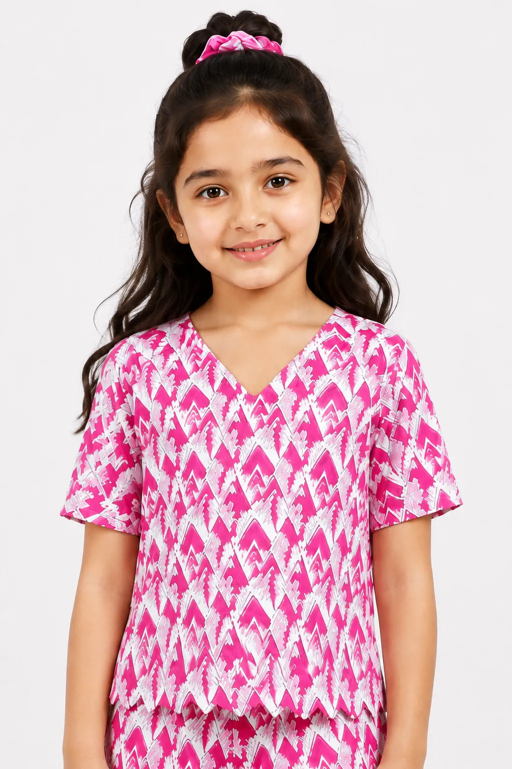 Girls Pink Ikat Printed Co-ord Set - Scallop Hem V-Neck Top & Wide-Leg Trousers